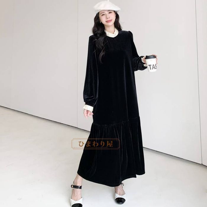 ロングワンピース ベロアワンピース フ 袖 ゆったり マキシ ワンピ レディース ワンピース 秋 冬 春 長袖 きれいめ ロング丈 マキシ丈 無地