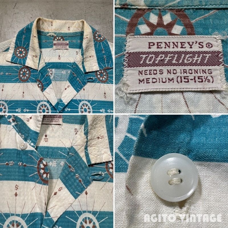 50s PENNEY'S TOPFLIGHT シアサッカー オープンカラーシャツ 50's PENNEY'S TOPFLIGHT シアサッカーオープンカラーシャツ 羅