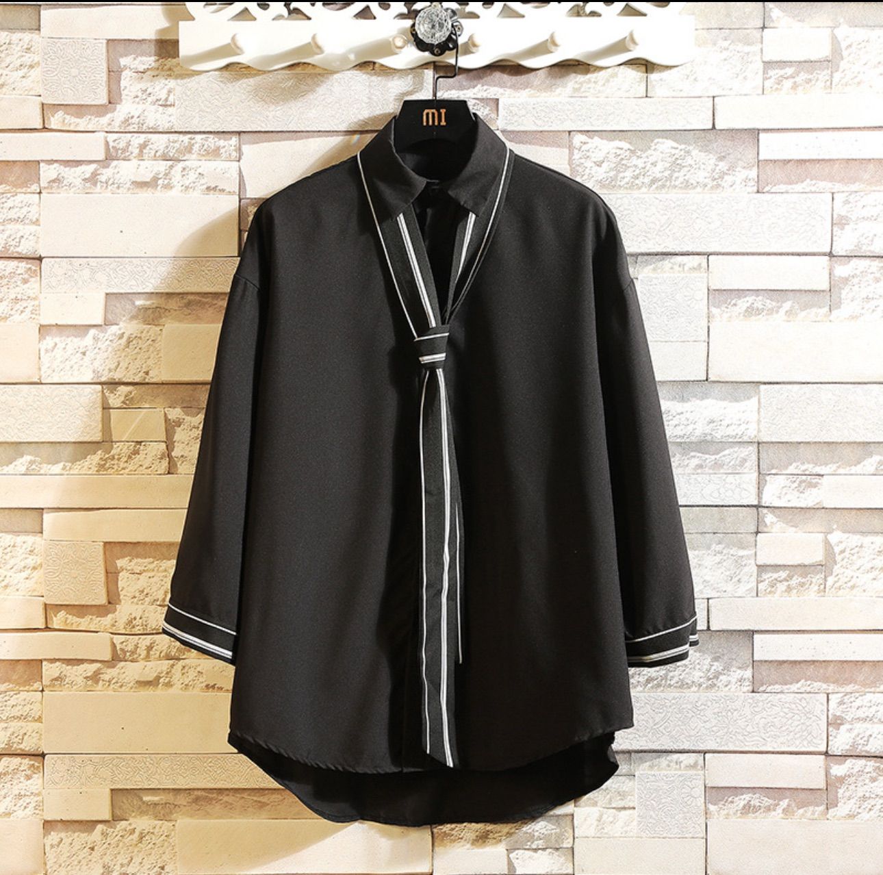 ストライプ ネクタイ付き シャツ 韓国 秋服 メンズ レディース XL ブラック 長袖シャツ メンズ レディース カジュアルシャツ ネクタイ付き