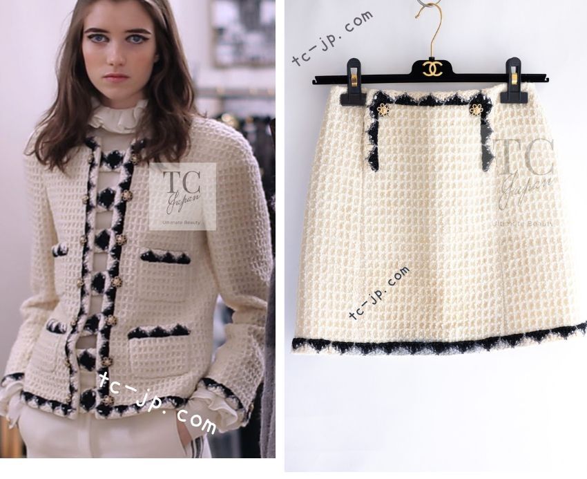 シャネル スカート CHANEL クリーム ブラック ウール ツイード カール ラガーフェルド作品 38