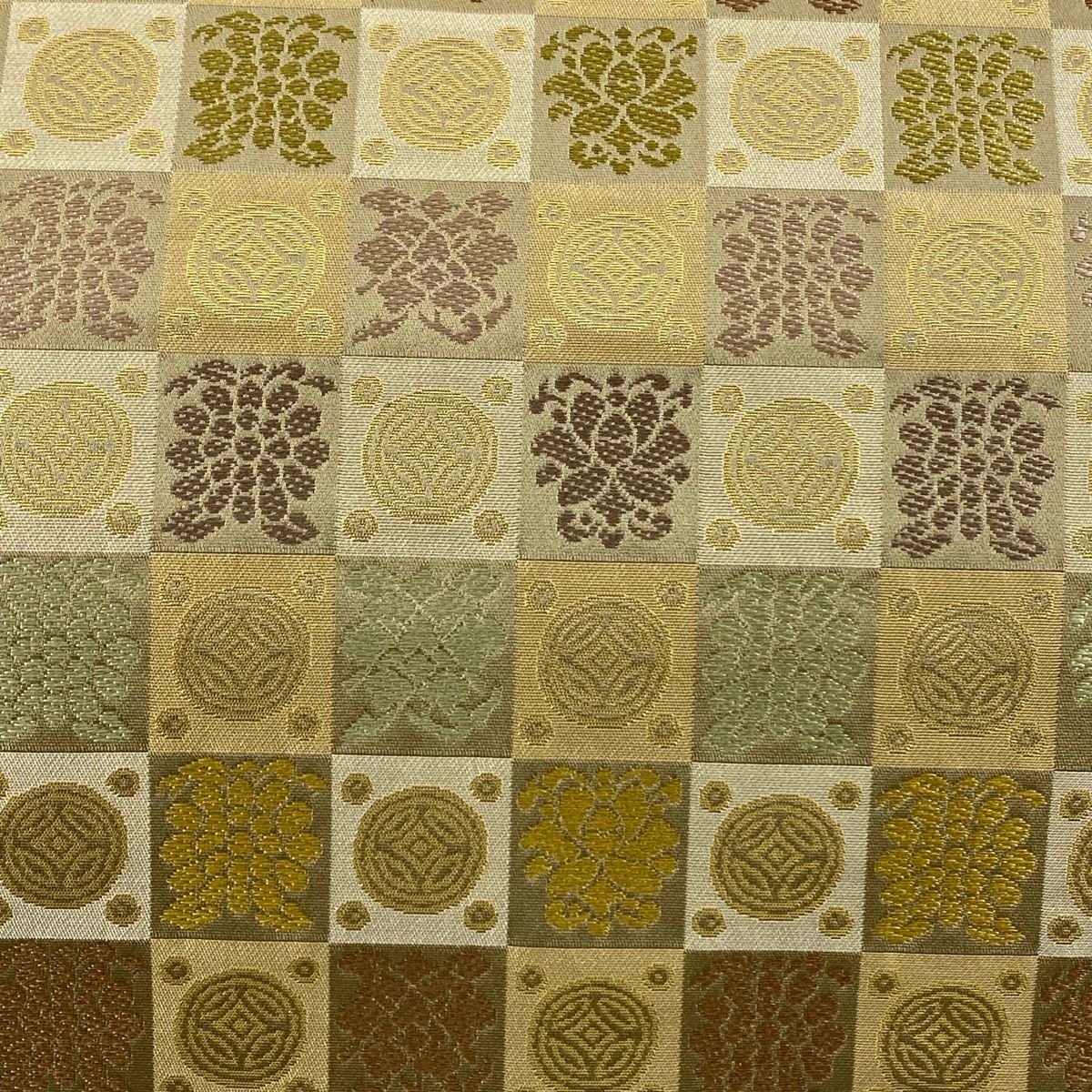 袋帯 名品 箔屋清兵衛 落款 草木染 市松 幾何学模様 箔 灰茶 六通 正絹