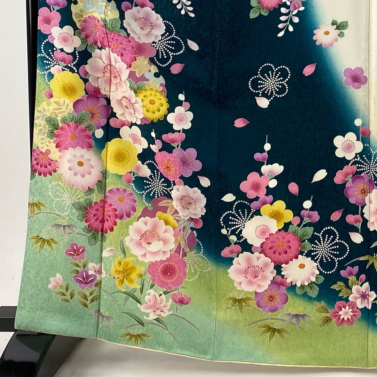 振袖 身丈166cm 裄丈66.5cm M 袷 桜 雪輪 銀通し 金糸 深緑 正絹