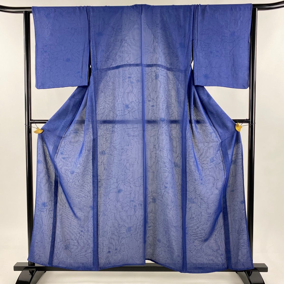 小紋 身丈157cm 裄丈64cm M 紗絽袷 草花 紺色 正絹 名品