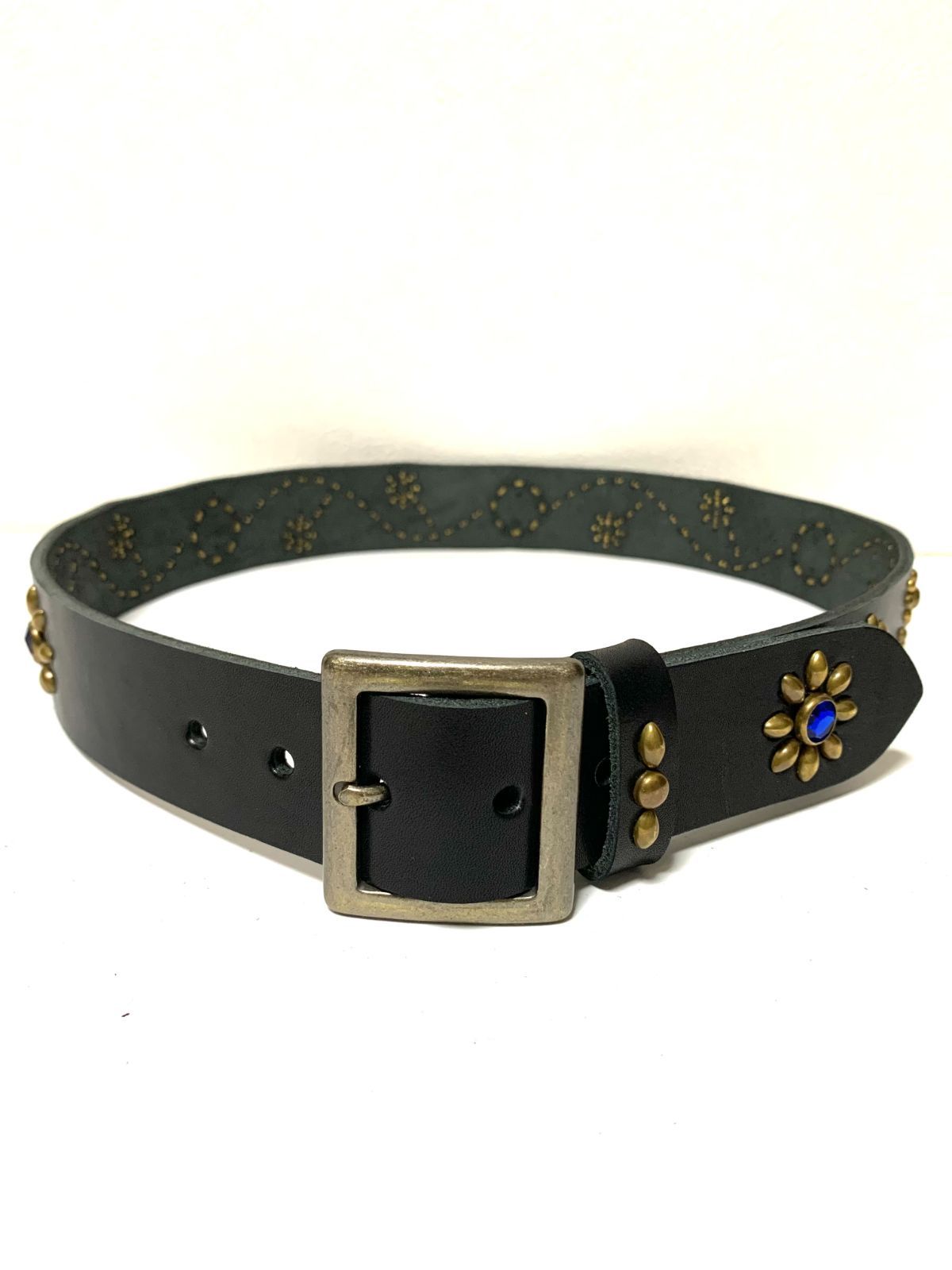 栃木レザー フラワー型スタッズベルト 黒 ブルースポッツ ヴィンテージ