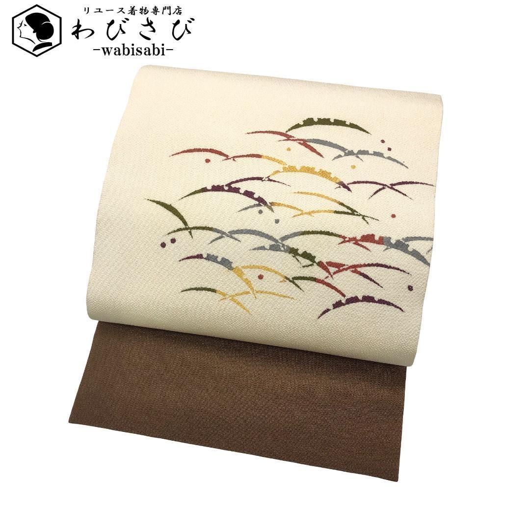 名古屋帯 型染 露芝 雪芝模様 縮緬 生成色 O-5508