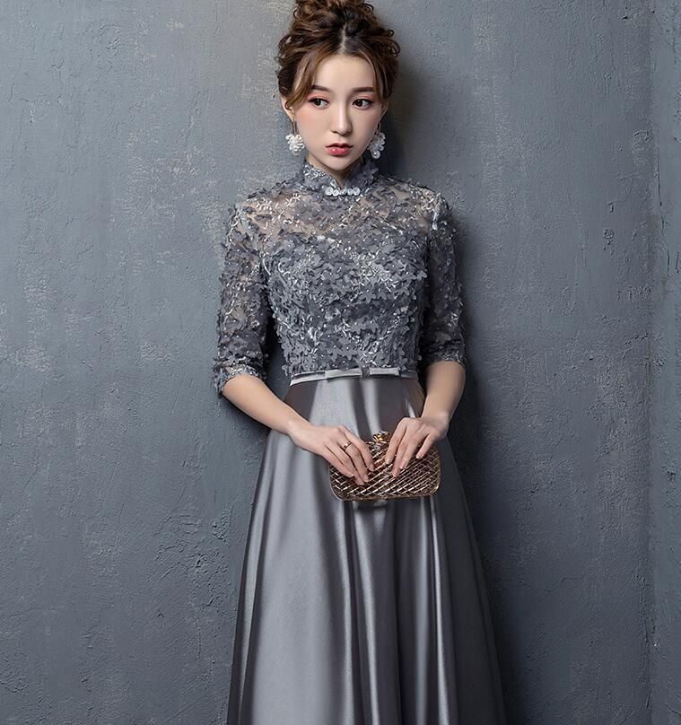 新入荷 復古調 ロングドレス ワンピ パーティドレス ナイトドレス 立ち襟 5分袖小さい 大きいサイズ 二次会 演奏会 舞台 撮影 サイズ選択可