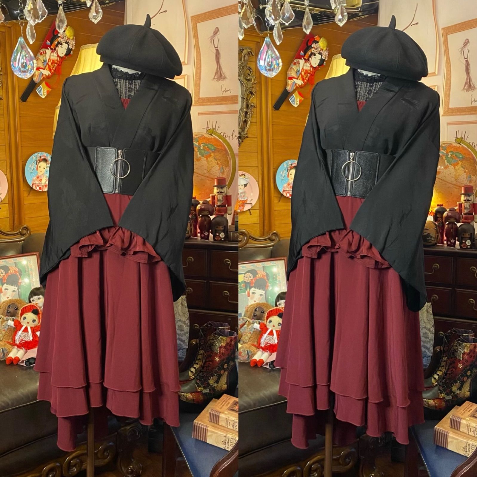 和洋折衷コーデ 和柄 寂しい 赤 レトロ コスプレ
