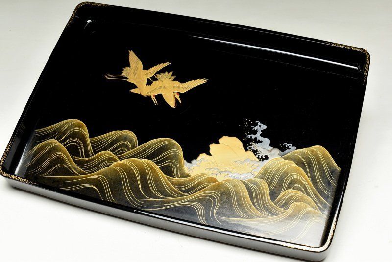 蔵C9829a 木製黒塗 鶴波蒔絵梨地 廣蓋 大盆 共箱 39.5ｃｍ