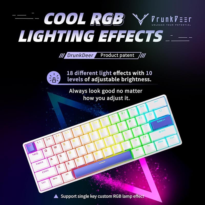 DrunkDeer G60 ラピッドトリガー メカニカルゲーミングキーボード TKL 磁気スイッチキーボード RGB PBT キーキャップ コンパクト 60%レイアウト 61キー USB有線 ホワイト