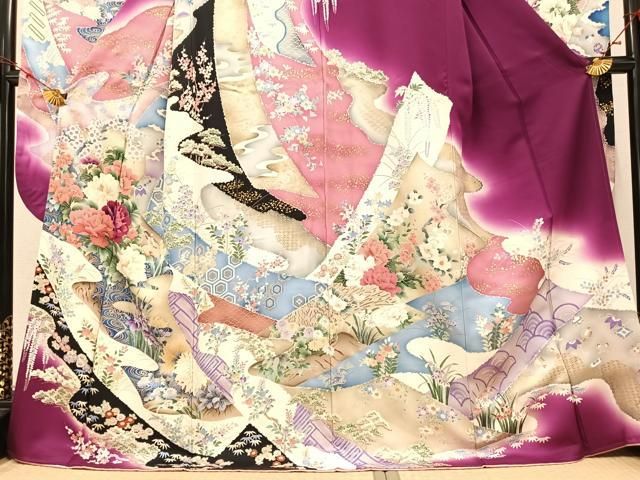豪華振袖　作家物　絞り　舞花文　暈し染　金彩　着丈167.5cm　正絹 平和屋着物□豪華振袖 駒刺繍 扇面飛鶴花文 暈し染め 金彩 正絹