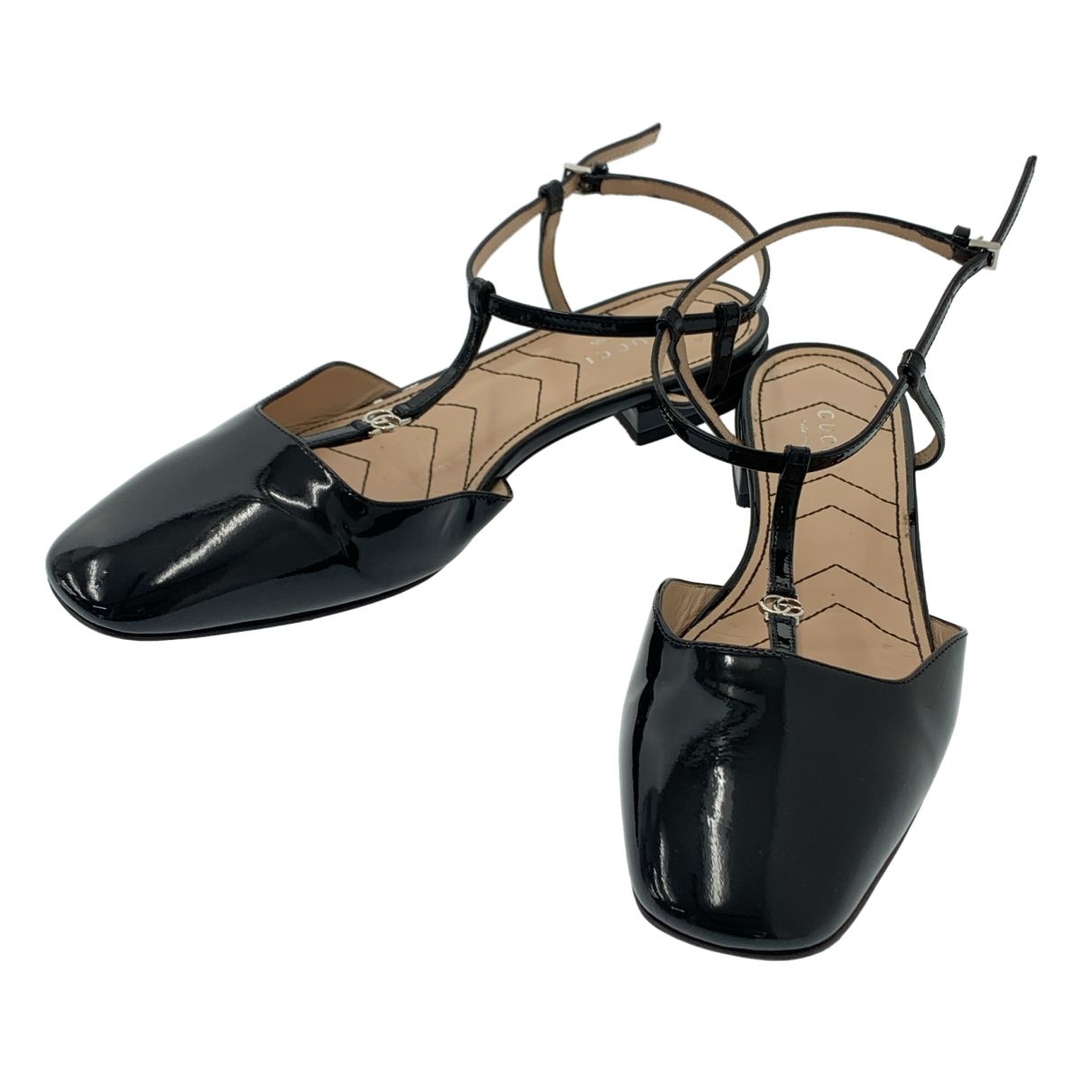 GUCCI | グッチ | パテントレザー GGロゴ ストラップ フラットシューズ サンダル | 37 1|2 | ブラック | レディース