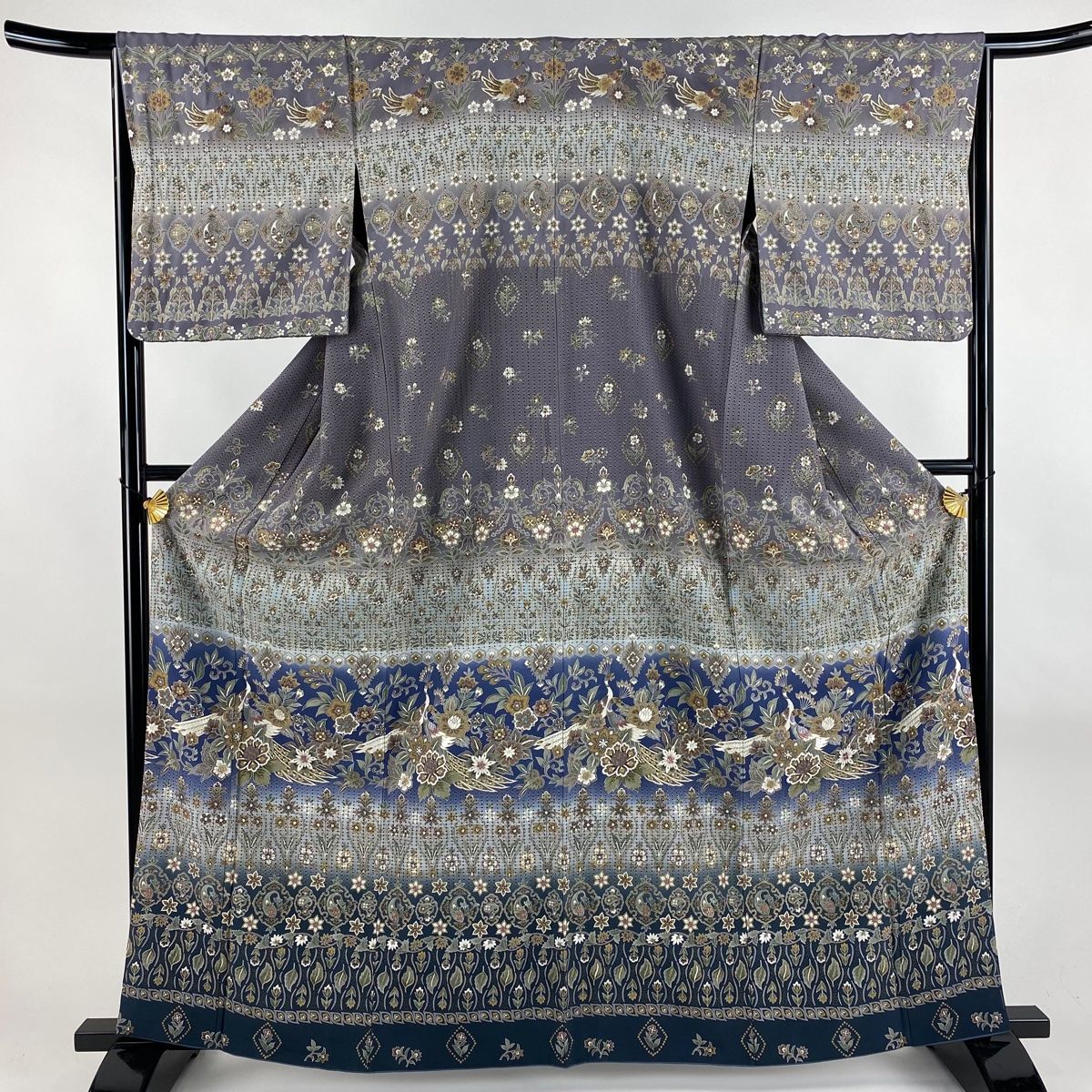 訪問着 身丈163cm 裄丈66cm M 袷 孔雀 草花 刺繍 金糸 灰紫 正絹