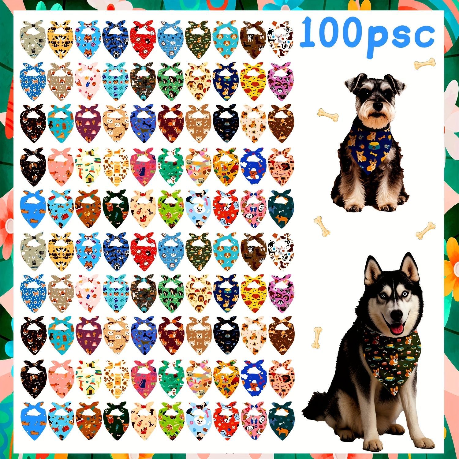 100枚入り かわいいキャラクター犬プリント ペット用ビブ 三角スカーフ オールシーズン対応 快適で通気性抜群 小型～中型犬向け ポリエステル生地 トレンディな可愛さ満載
