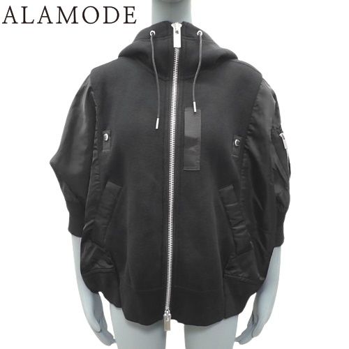 Sacai サカイ フーディ パーカー アウター ダブル ジップアップ アパレル ファッション ブルゾン 1 コットン ナイロン ブラック黒 21-05577 レディース 40802141516 アラモード