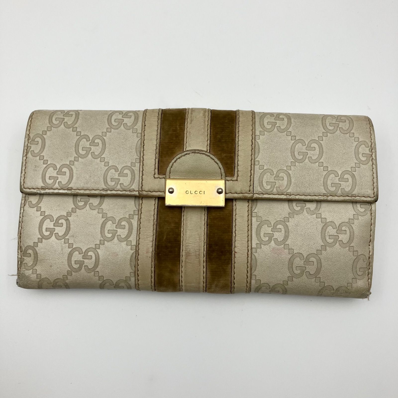 GUCCI グッチ 長財布 シマ レザー GG ベージュ Wホック ベロア 150674