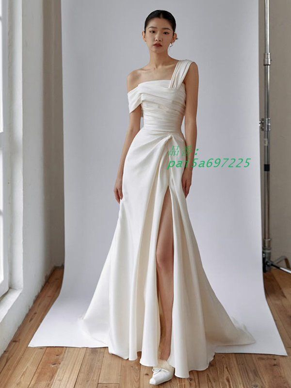 ワンショルダー ウェディングドレス 大きいサイズ 3L 4L 小さいサイズ ウェディングドレス 前撮り フォトウェディング 二次会 シンプル セクシー オフショルダー pai5a697225