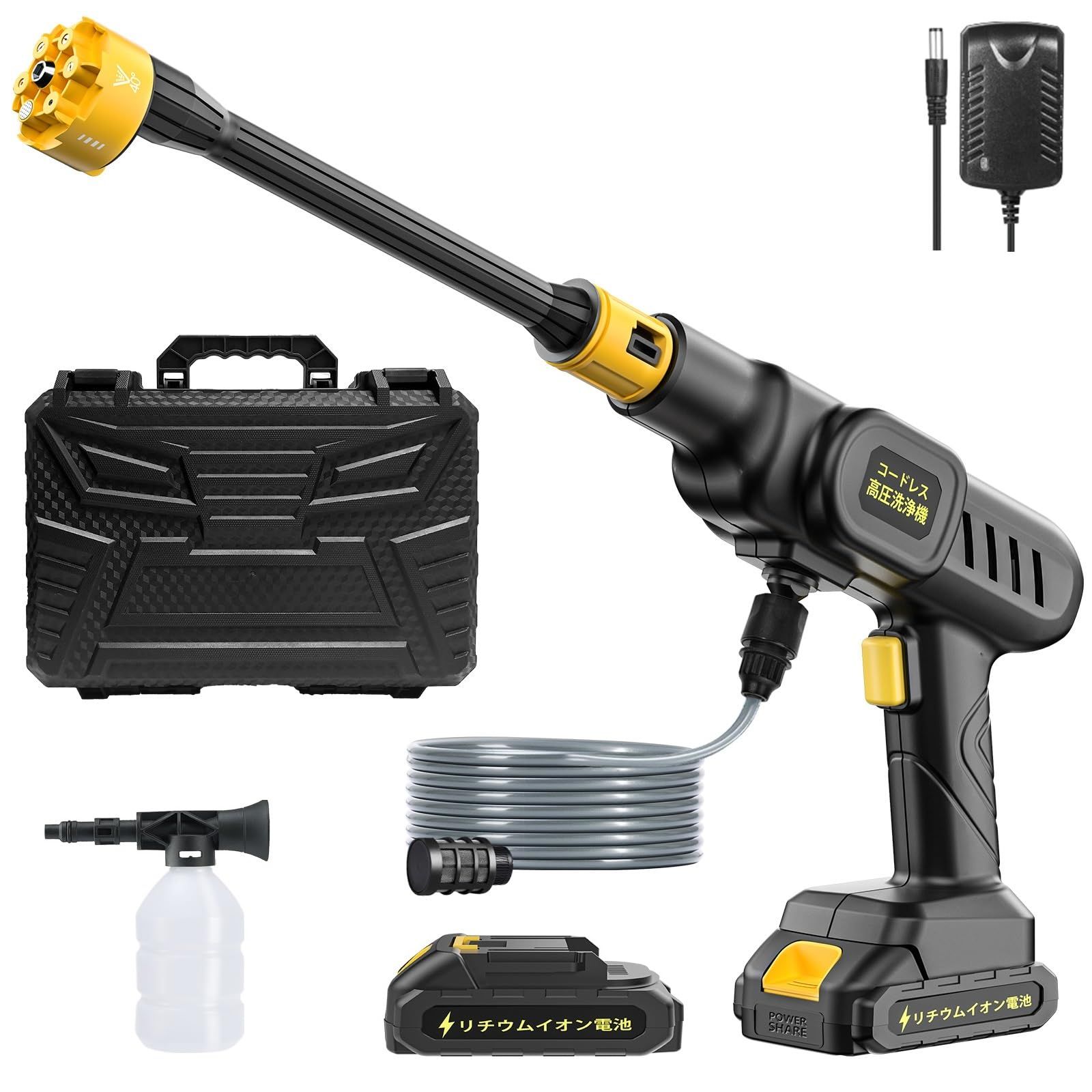 数量 バッテリー付 2個10000mAh 5mホース フォームノズル付 収納ケース付 持ち運び便利 6-in-1ノズル バッテリー式 充電式 洗車機 強力噴射 コードレス 家庭用 高圧洗浄機 洗車|庭屋外|階段|玄関|ベランダ|年末大掃除|園芸用品