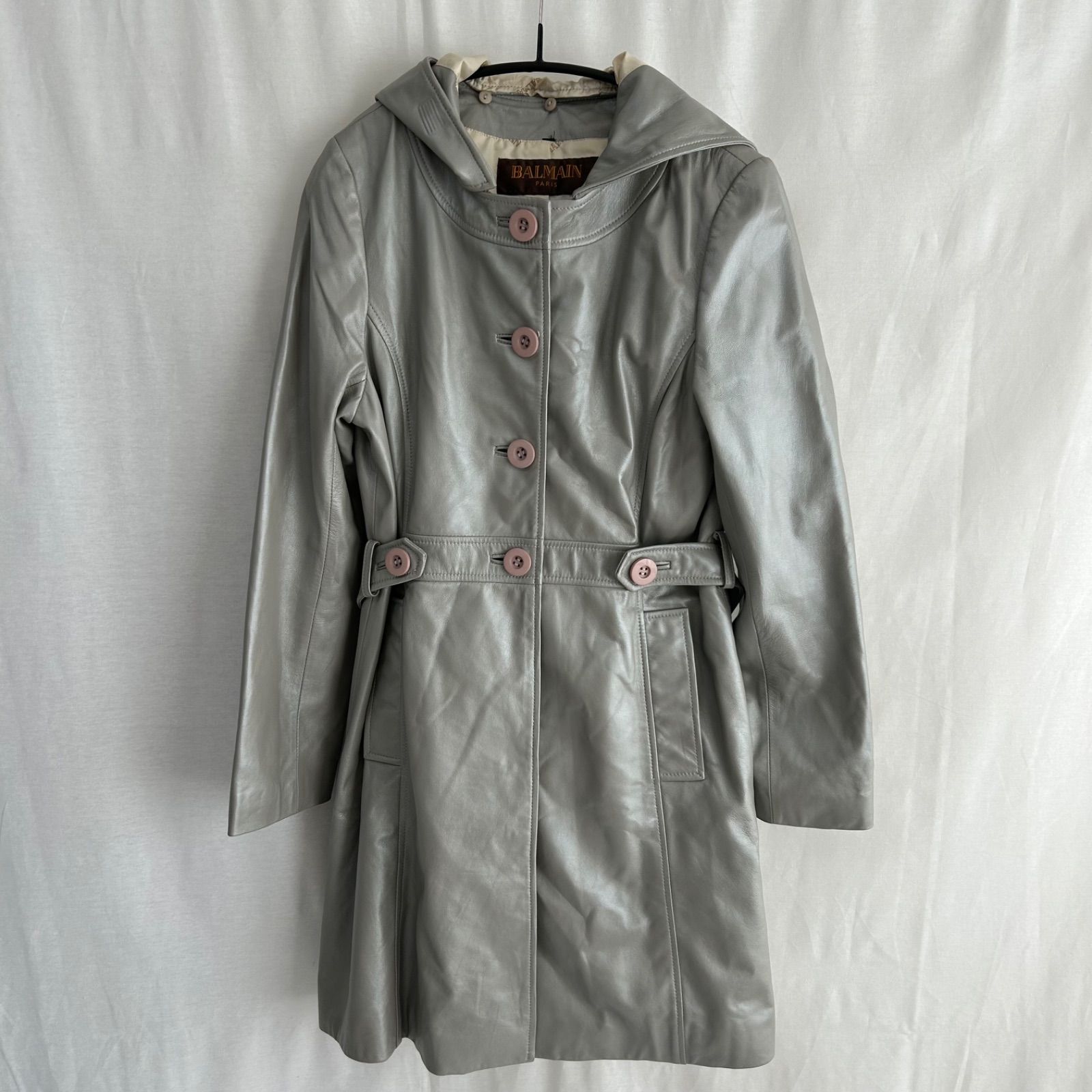 Z976 BALMAIN PARIS バルマン ラムレザーコート 羊革 フード付き