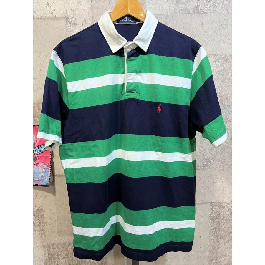 美品 ポロラルフローレン 半袖 ラガーシャツ L 緑紺白 メンズ POLO 