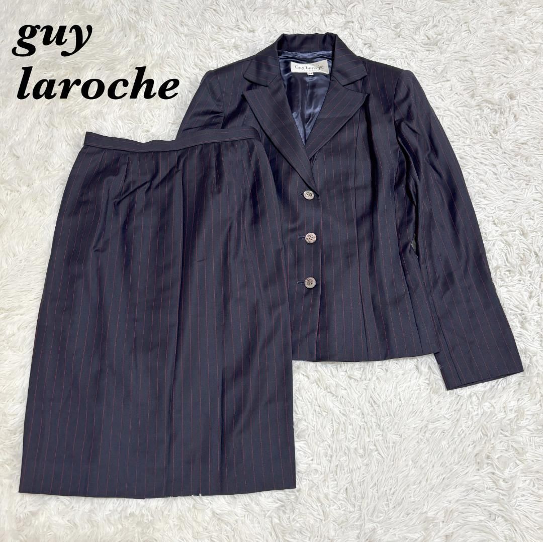 Guy Laroche スカート スーツ 38 ネイビー 赤ストライプ