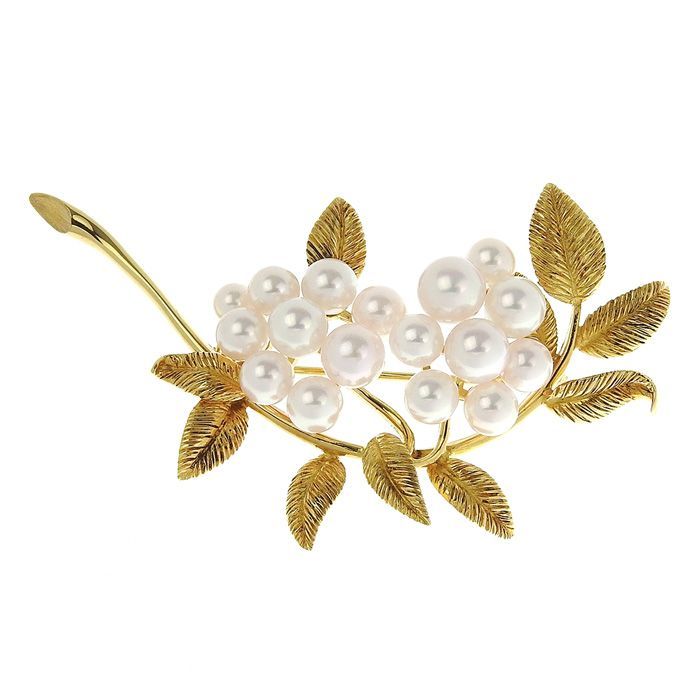 ミキモト ブローチ パール 真珠 6.8mm リーフ K18YG