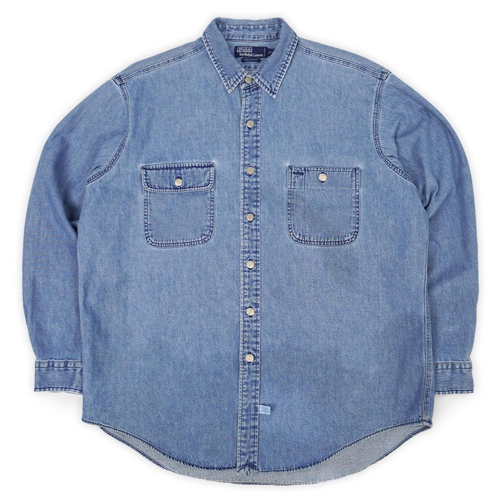 ポロラルフローレン POLO RALPH LAUREN 90s 90年代 デニムワークシャツ 打ち込みボタン ガチャポケ USA アメリカ ヴィンテージ 古着 メンズ シャツ インディゴブルー XL