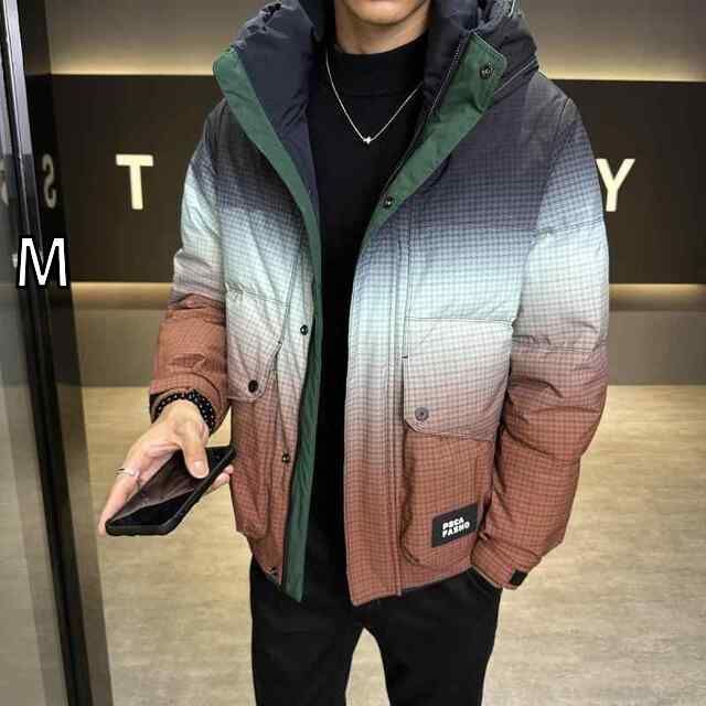 [M ]春 コーデ メンズ 服 シンプル ファッション オシャレ 大人 かっこいい 大きいサイズ ストリート 紳士服 90 グラデーション フード付き ダウン ジャケット 冬