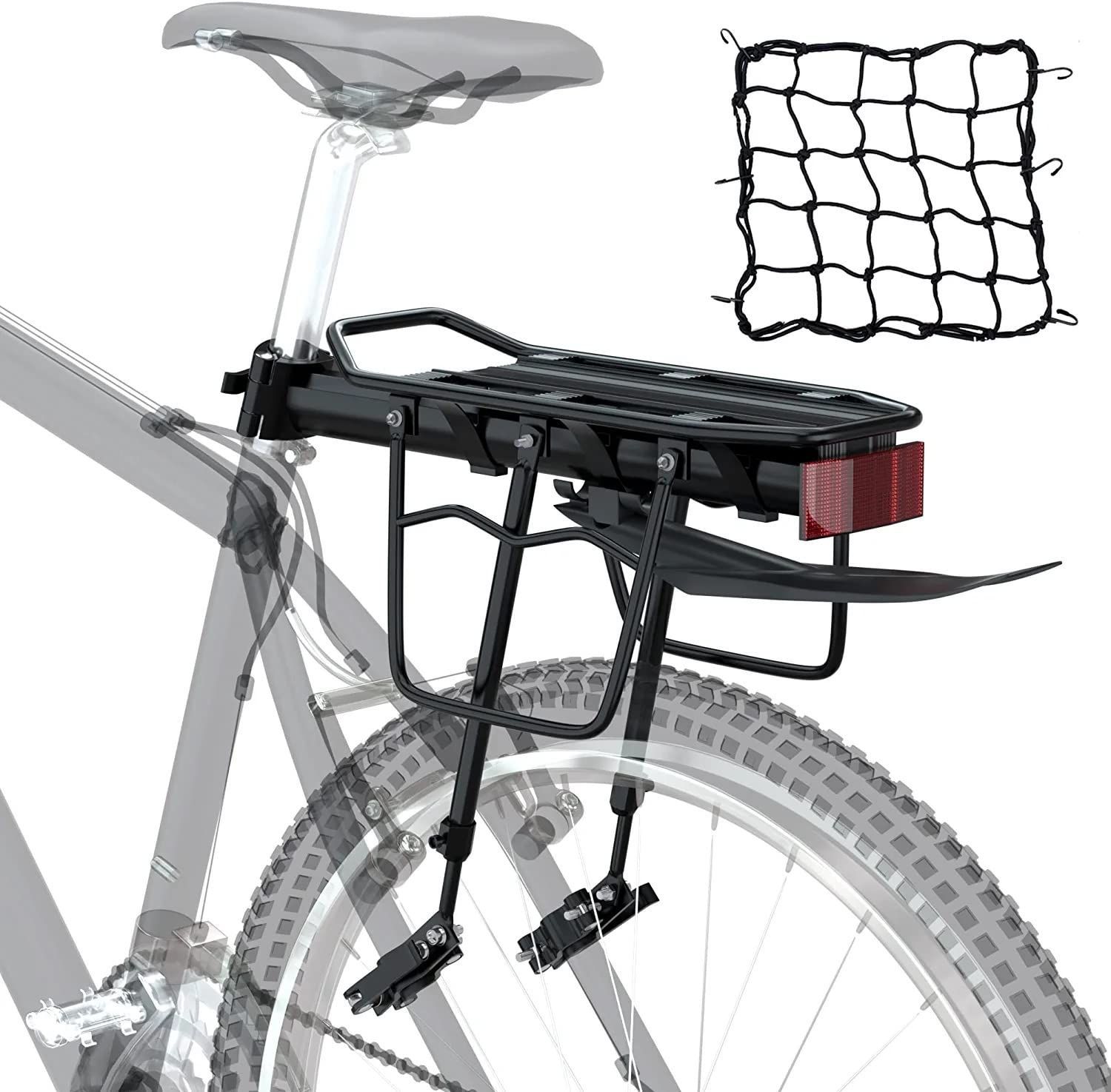 『人気商品』KOOPRO 自転車 リアキャリア 荷台 荷物キャリア 後付け アルミ製 伸縮自在 調節可能 簡単取り付け 耐荷重25kg 泥除け/反射板/荷物ネット付き 26-29インチロードバイク/マウンテンバ
