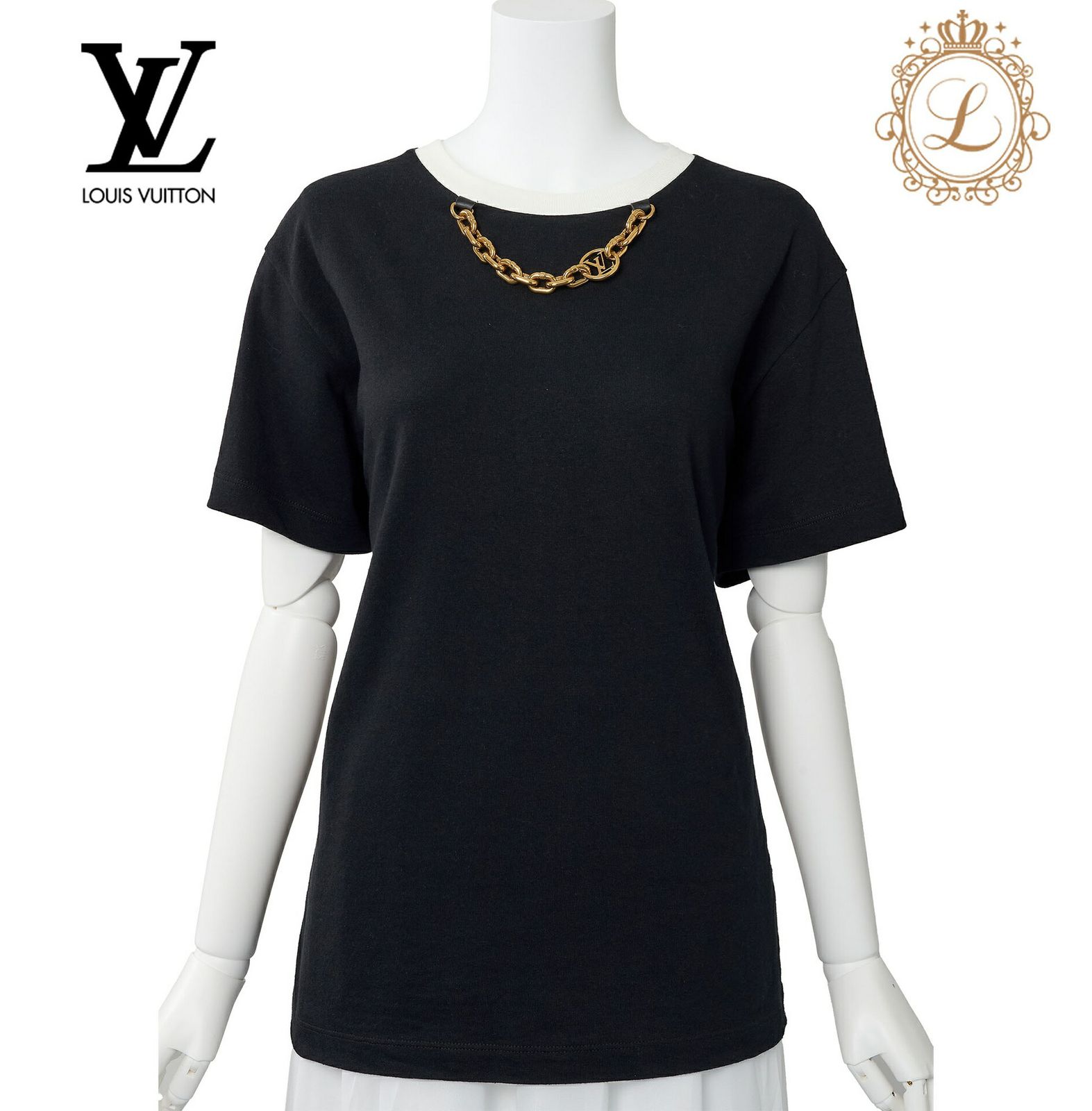 【返品可】LOUIS VUITTON ルイヴィトン モノグラム チェーン 半袖 Tシャツ サイズM コットン 黒×白　レディース レディースアパレル  ハイブランド【中古】【送料無料】