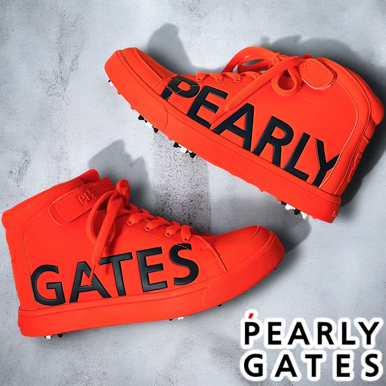 PEARLY GATES パーリーゲイツ オールレザー ビッグロゴ 収納袋-レンチ付き ミッドカット ミドルカット サイドファスナー スパイク ゴルフシューズ 定価37400円 オレンジ系