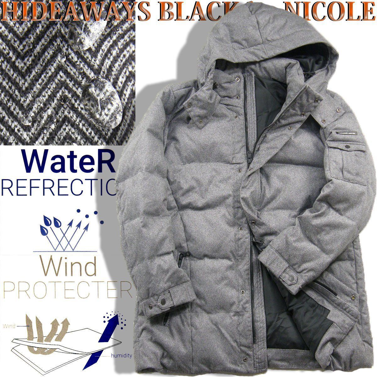 HIDEAWAYS BLACK by NICOLE × PLUSRICH WARM ハイダウェイブラックバイニコル 撥水 防風 透湿 蓄熱保温 ダウンジャケット 取り外し フード付き 大きいサイズ ｜ 秋冬 雨の日 雪の日