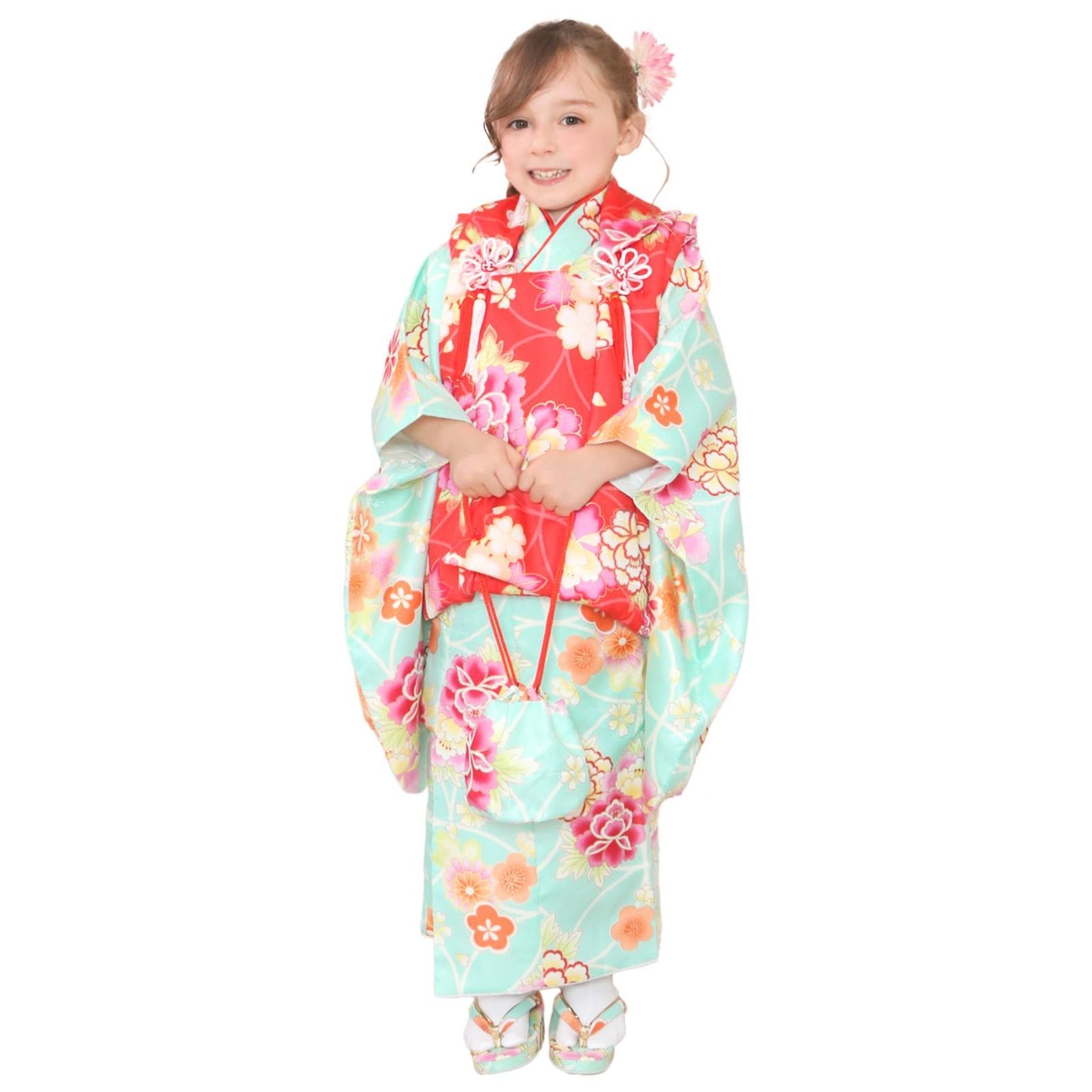 KYOETSU キョウエツ 着物セット 七五三用 3歳用 被布セット 華やかC 9点セット 柄被布 柄着物 伊達衿 長襦袢 髪飾り 巾着 草履 腰紐 足袋 ガールズ ワンサイズ 18.翡翠の華