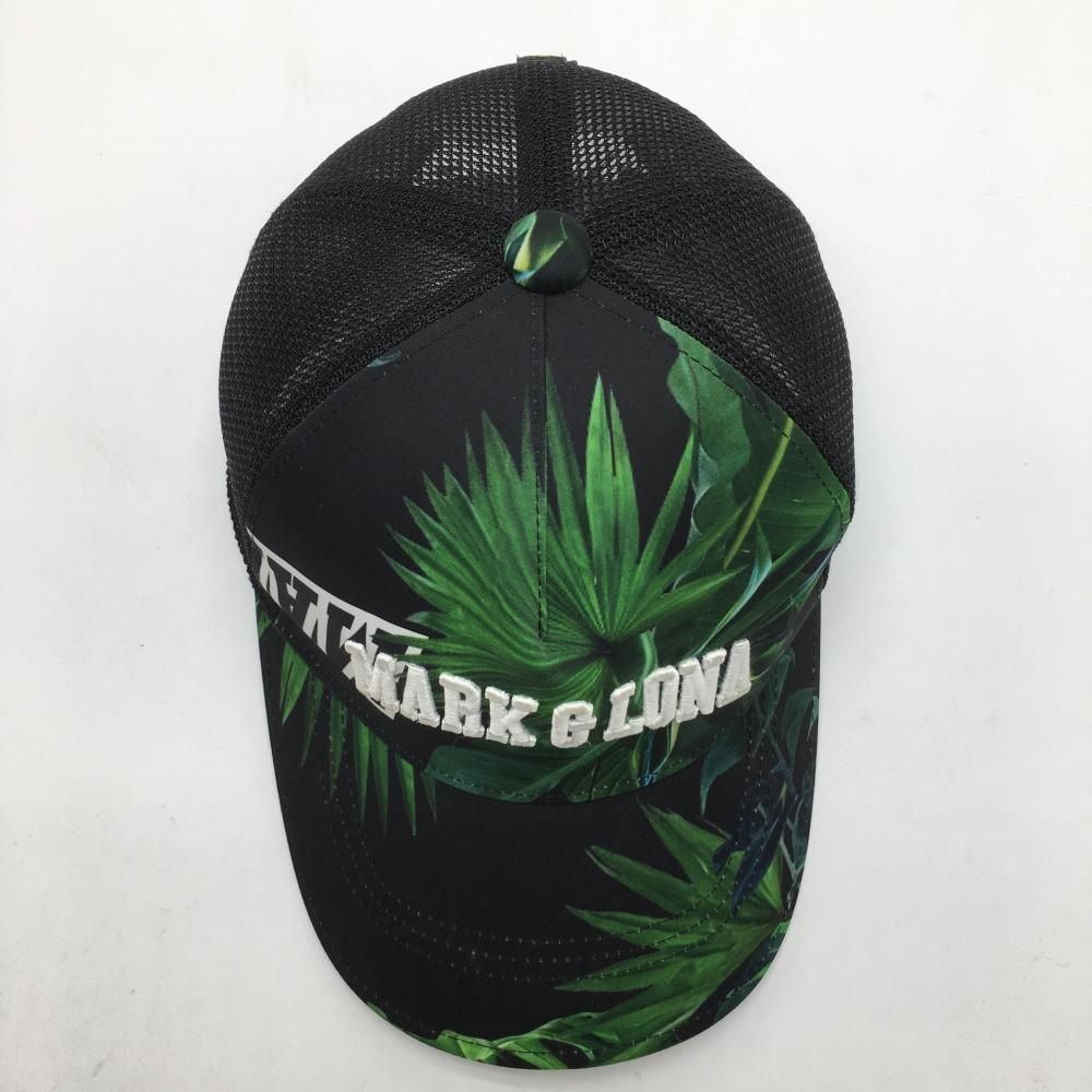 超 マークアンドロナ メッシュキャップ 黒×グリーン リーフ柄 立体ロゴ S ゴルフウェア MARK＆LONA LLC-HASEGAWATOSO_COM