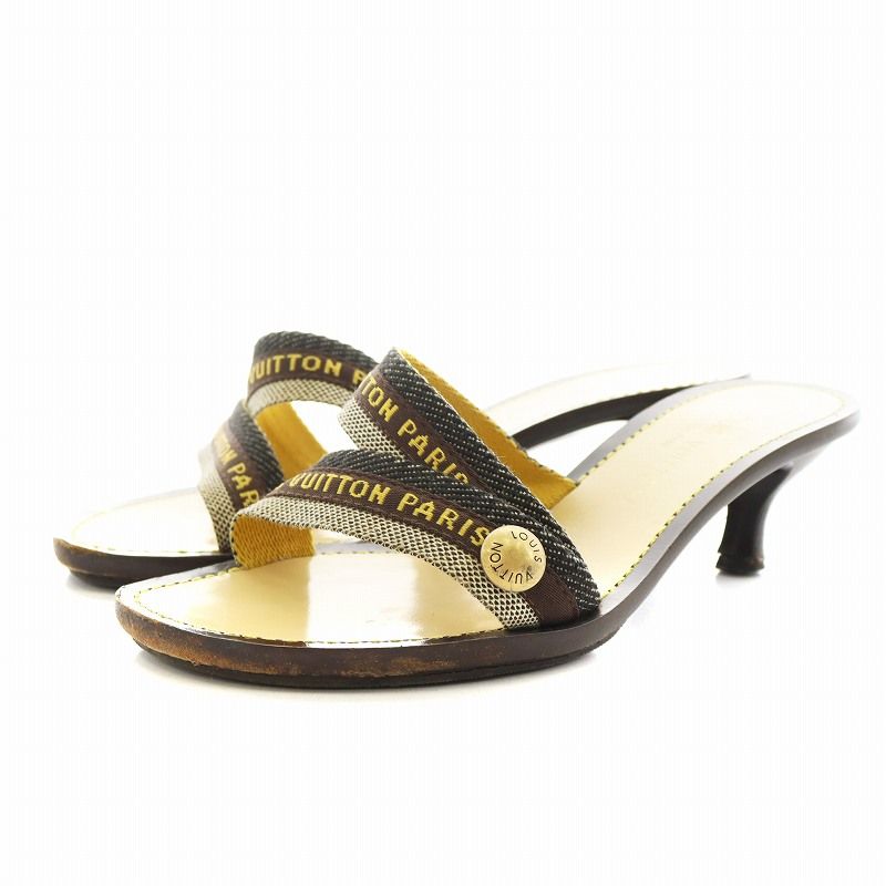 ルイヴィトン LOUIS VUITTON サンダル ヒール ロゴ レザー 37.5 ベージュ 茶 ブラウン |AN7