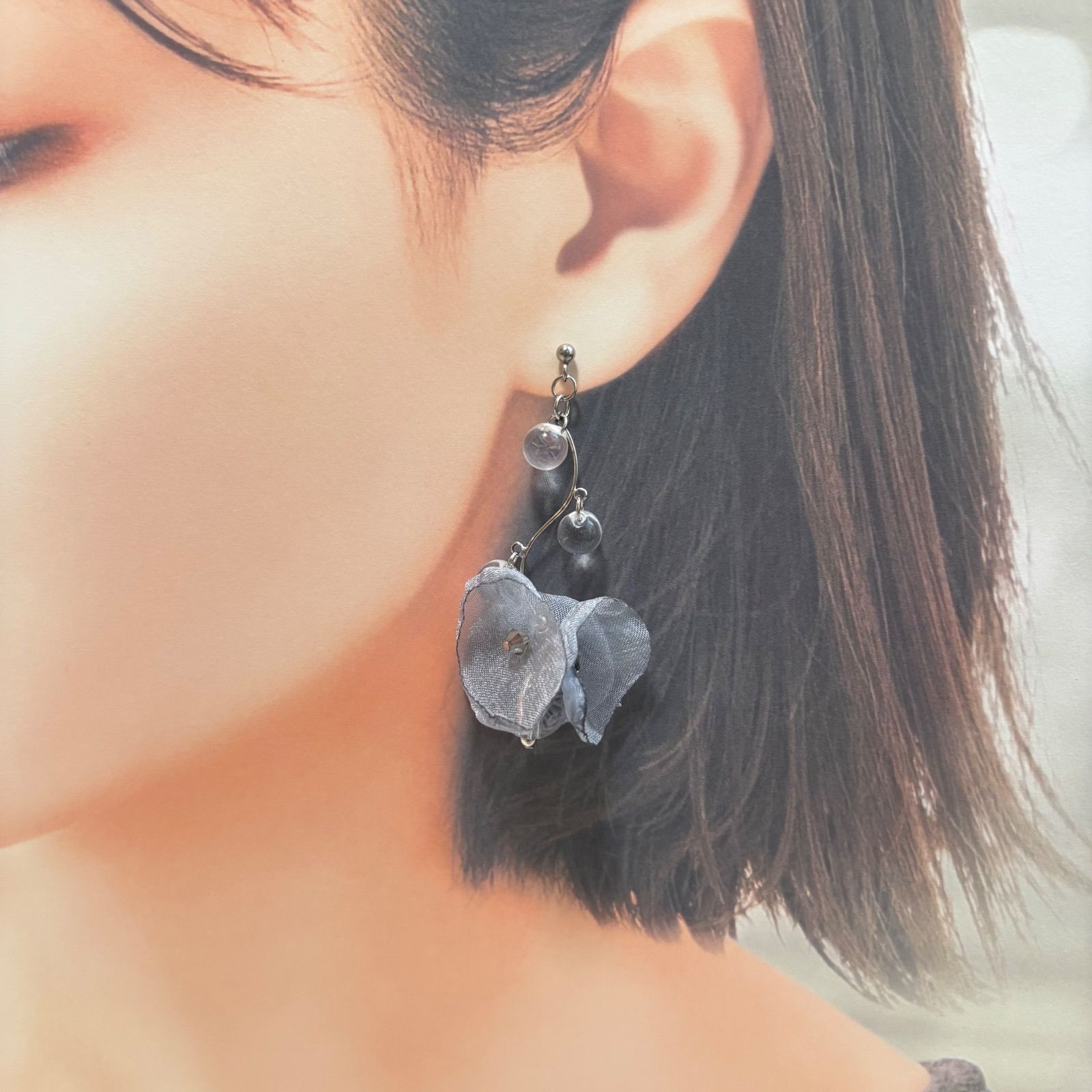 No.251】 立体フラワー イヤリング ピアス シルバー クリア
