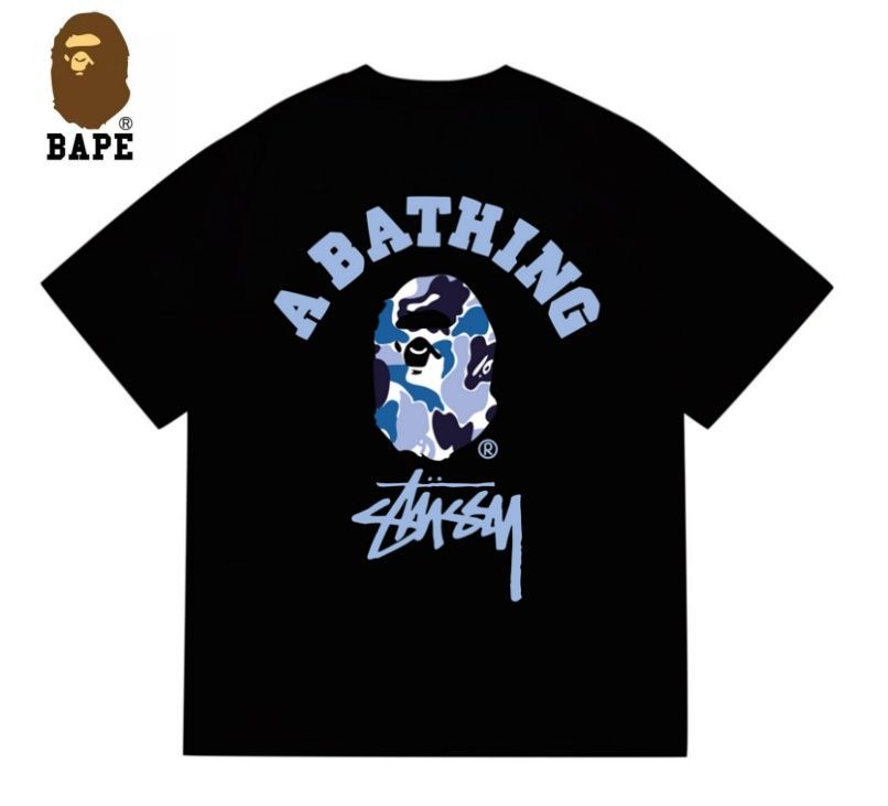 新品】STUSSY x a bathing ape bape カレッジ Tシャツ 男女兼用