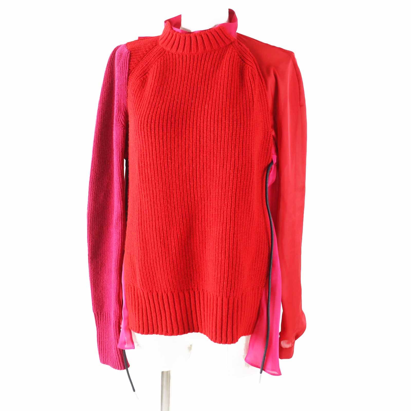 ◎Sacai サカイ 21-05830 長袖ニット ドッキング ドロスト ブラウス バックプリーツ レッド ピンク 1 レディース