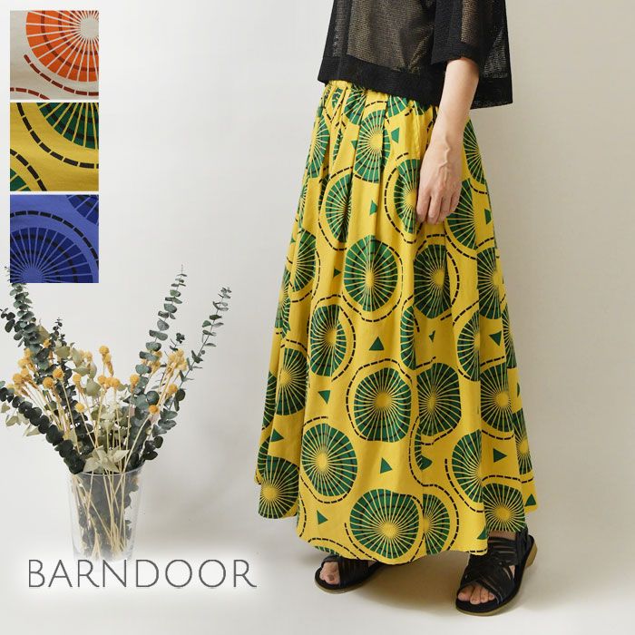 BARNDOOR バーンドア コットン ボイル うずまき プリント タック スカート 1191181g <br><br>レディース 春 夏 ゆったり 北欧 ナチュラル カジュアル 大人