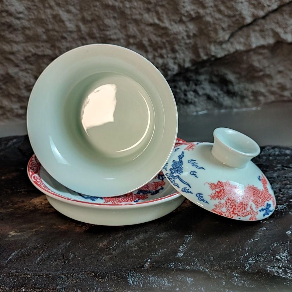 景徳鎮 青花釉里紅三才蓋碗 茶碗 煎茶器 未使用品 青花釉里紅祥龍三才蓋碗 中国茶器 景徳? 蓋付き茶器 飲茶食器