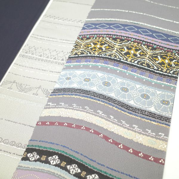 すごい値！袋帯 京都 西陣 金銀糸 グレー くすみ紫 モダン 横段 セミ  