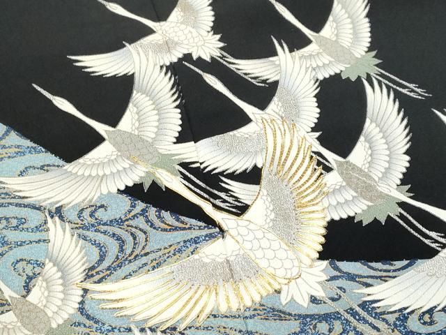 MK-1442 色留袖 紋柄 鶴 花模様 金駒刺繍 灰水色 金駒刺繍 大胆な大亀甲繋 155cm 正絹黒留袖 フォーマル 結婚式