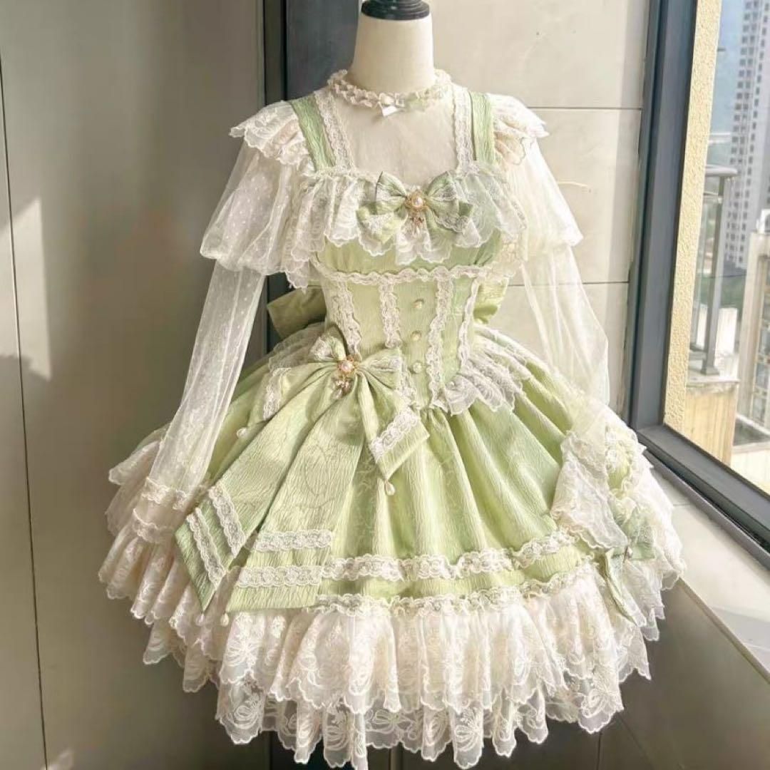 ゴスロリ ロリータドレス JSK甘ロリ ロリィタドレスリボン付き ライトグリーン ゴスロリ ロリータドレス JSK甘ロリ ロリィタドレスリボン付き
