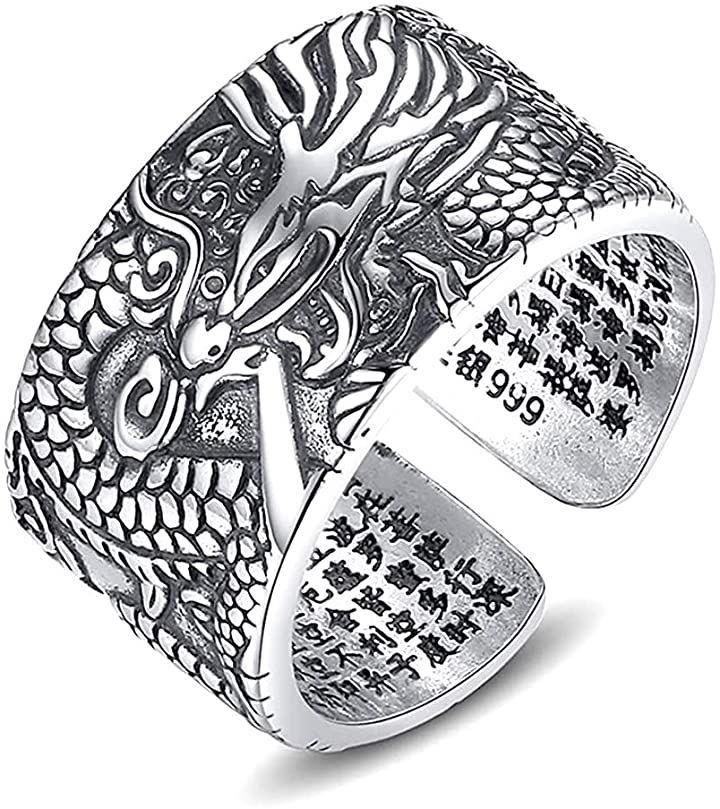 [JIANGXIN] 999純銀製[鑑定書付き] 仏説摩訶般若波羅蜜多心経 シルバー アクセサリー メンズ 祈祷リング 運気上昇龍お守り 調節可能 指輪 JIANGXIN 999純銀製 鑑定書付き 仏説摩訶般若波羅蜜多心経 シルバー