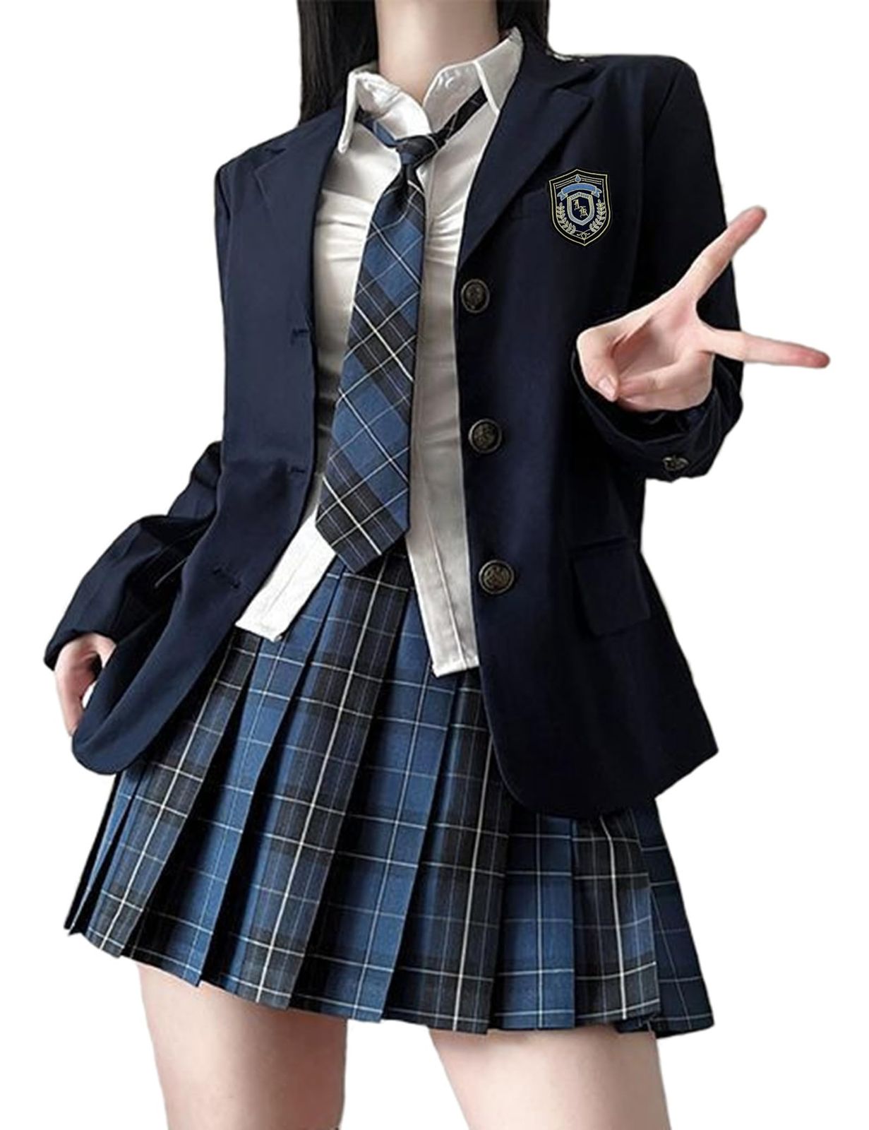Sivrusn 制服 コスプレ ブレザー 女子高校生 5点セット 女子高生制服 スカート チェック シャツ ネクタイ バッジ JK 学生服 スクールブレザー 入学式 卒業式 学園祭 文化祭