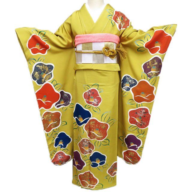 専用✺美品 正絹 総絞り トールサイズ 振袖 着物 A1784 振袖 着物 中古 花模様 椿 黄金色 多色 金銀 L トール A1184-7