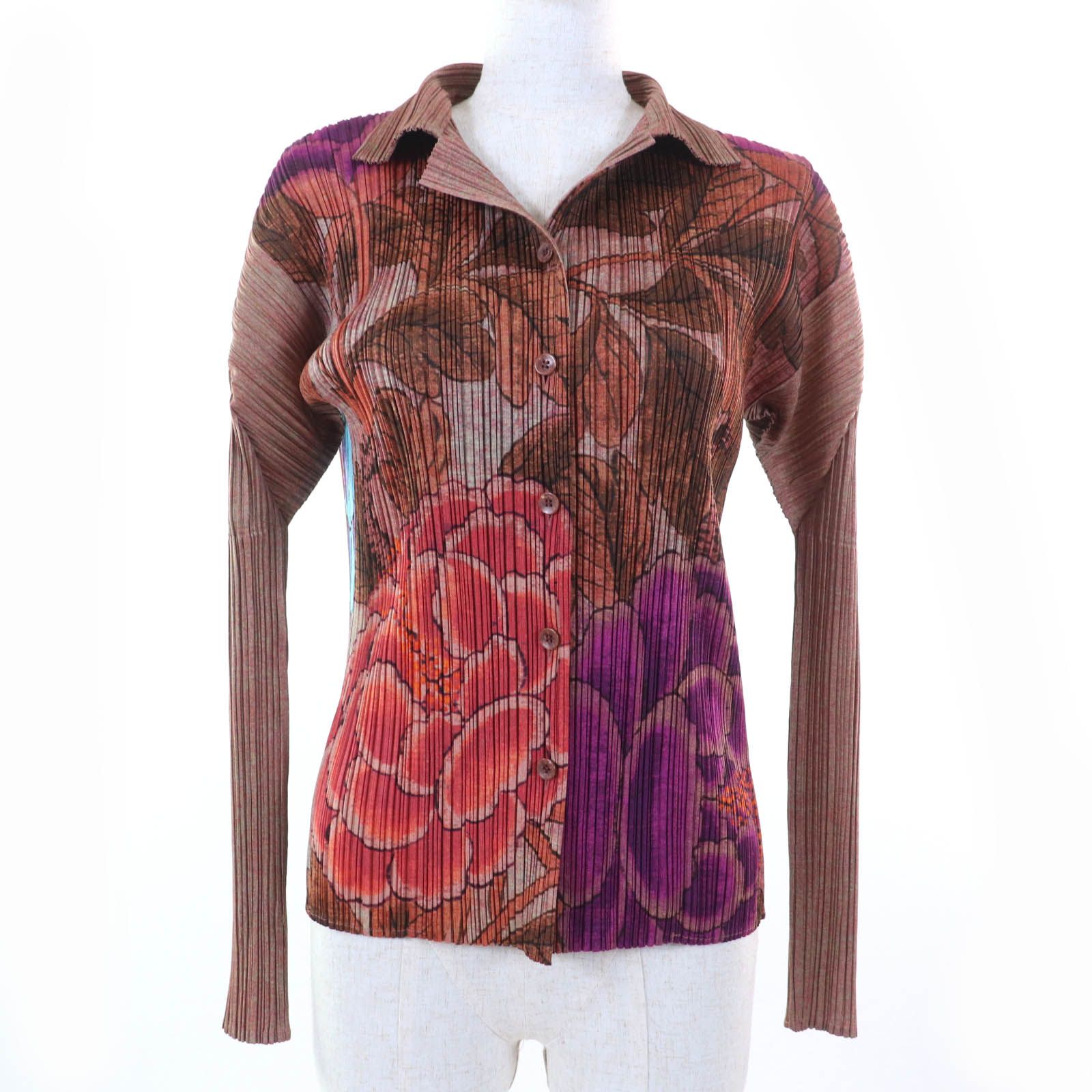 美品 イッセイミヤケ プリーツプリーズ 総柄 長袖 シャツ ブラウン