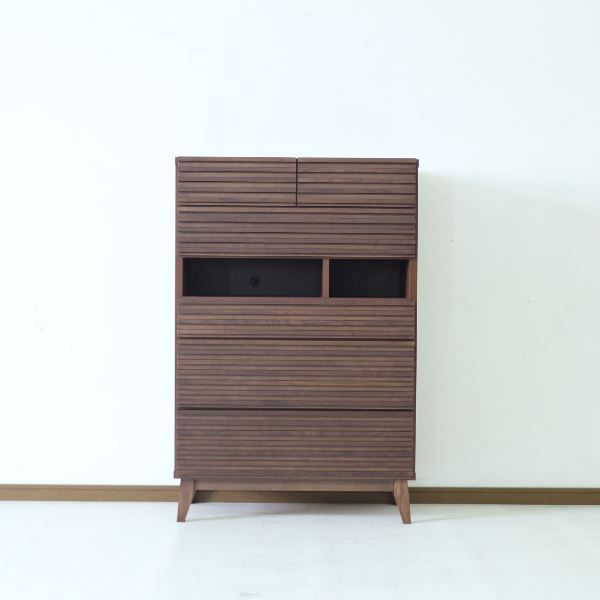 ハイチェスト 収納棚 約幅80×奥行42.5×高さ120.5cm ブラウン コード穴 オープンレール 引き出し収納 リビング ダイニング