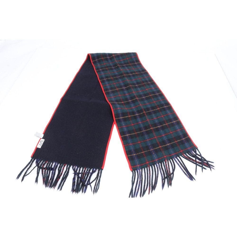 エルメス カシミヤ チェック フリンジ マフラー ネイビー 紺 秋 冬 防寒 ストール メンズ レディース RUE CU20-8