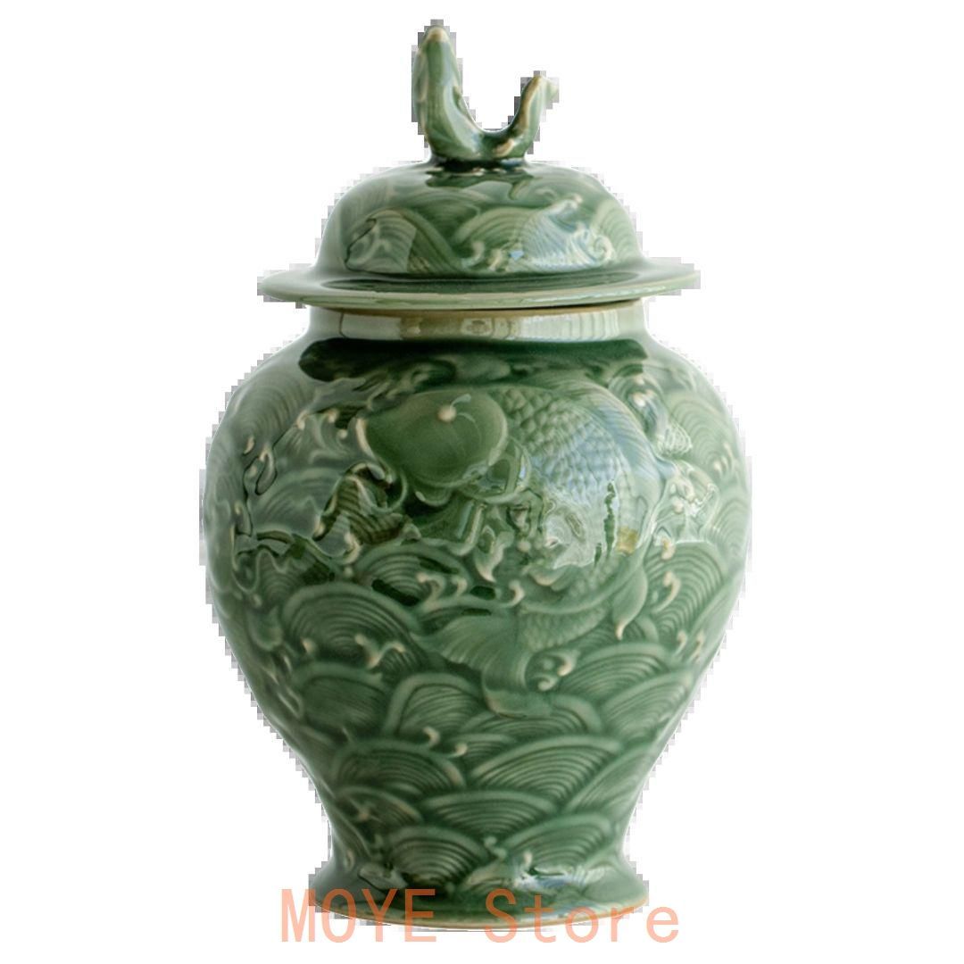 中国美術 青磁浮彫り錦鯉茶筒 茶器 茶入れ 青磁 茶道具 新品未使用 売れ筋