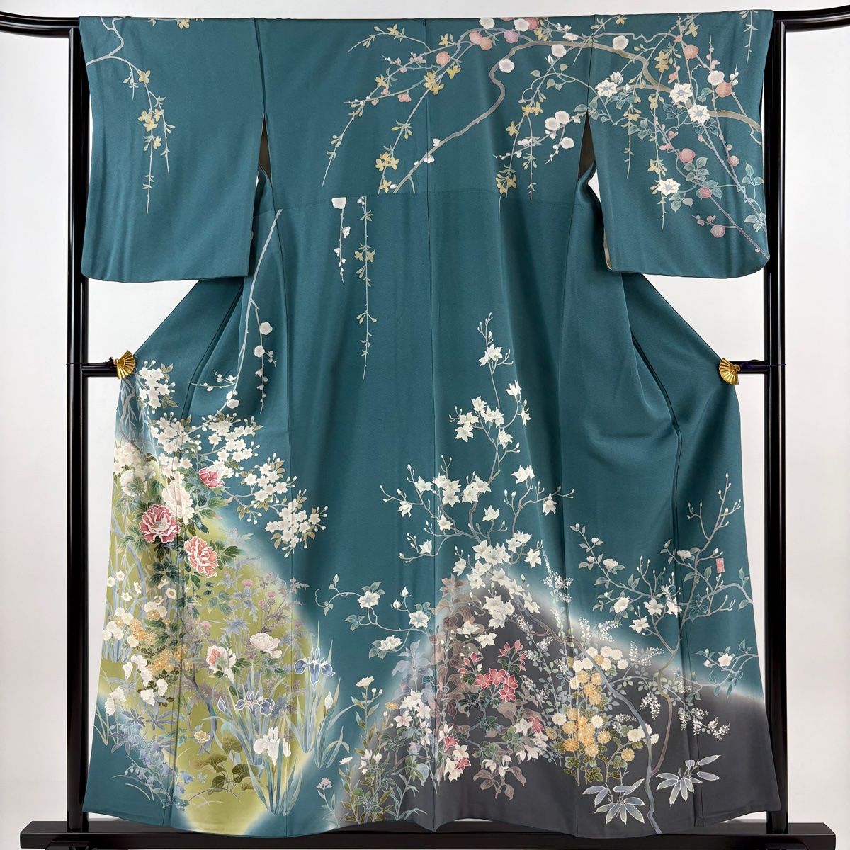 訪問着 身丈155.5cm 裄丈64cm M 袷 落款 牡丹 桜 ぼかし 青緑 正絹